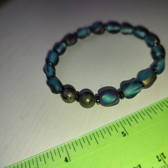 Blue Waters Bracelet Vintage Elastic Double Round Beaded Accent Boho Academia - Picture 4 of 6